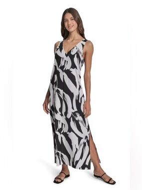 DKNY NWT V-Neck Linen Maxi Dress Black White Abstract Brushstroke Size XS